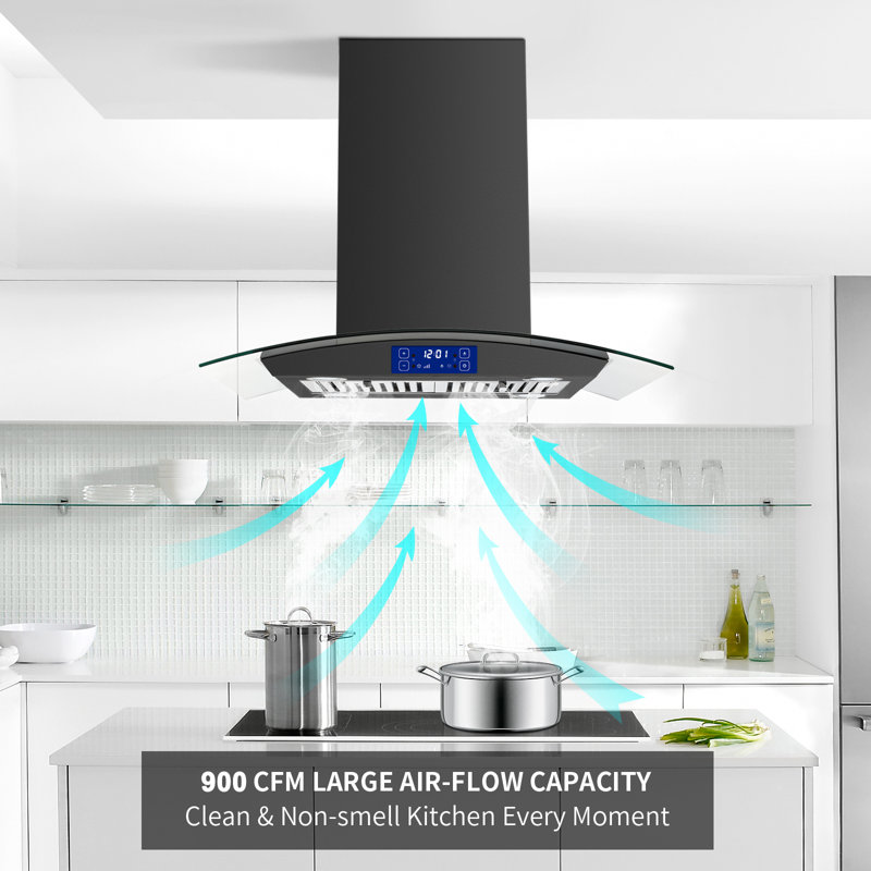Tieasy 30" Stainless Steel 700 CFM Convertible Island Range Hood with Baffle Filter, Black