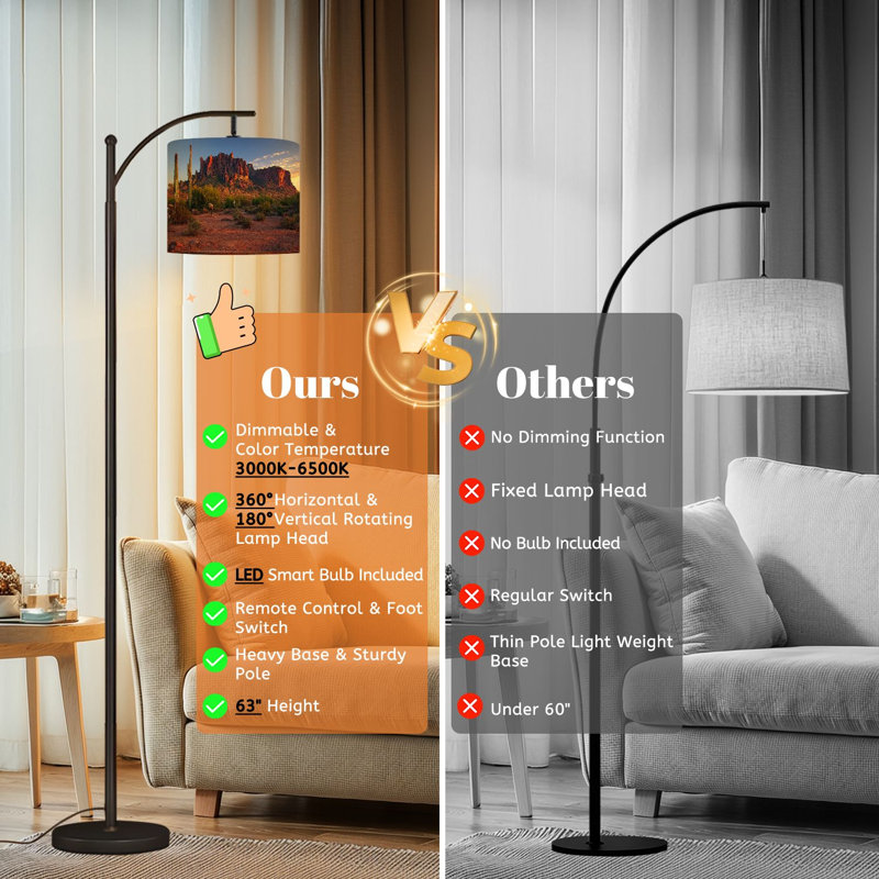 Arc Floor Lamp with Adjustable Lampshade American desert sunset mountain Standing Lamp 3 Color Temperatures Dimmable Tall Pole Lamp with Foot Switch for Bedroom