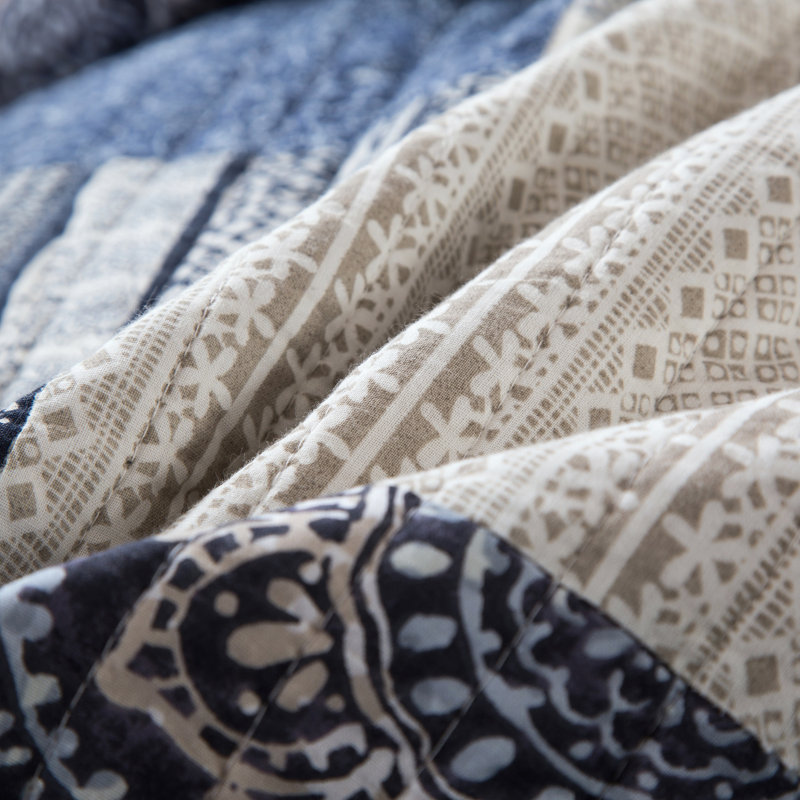 Navy Blue Floral Patchwork Cotton Quilt Bedspread Set – Reversible Lightweight Bedding for All Seasons