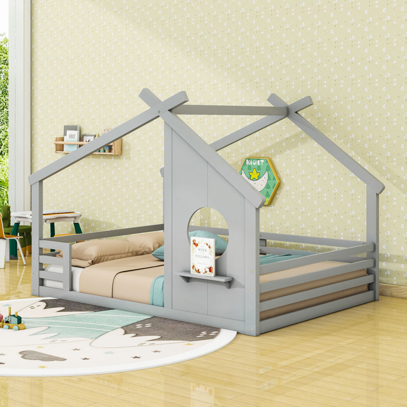 Lit sur pied en bois avec fenêtre et petite tablette, gris, Double