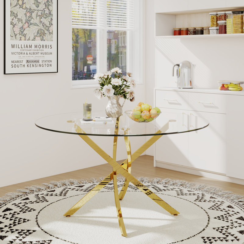 Table de salle à manger ronde en verre de 47 po, plateau en verre transparent épais, base en métal à pieds croisés, table de cuisine minimaliste moderne pour la salle à manger et la maison