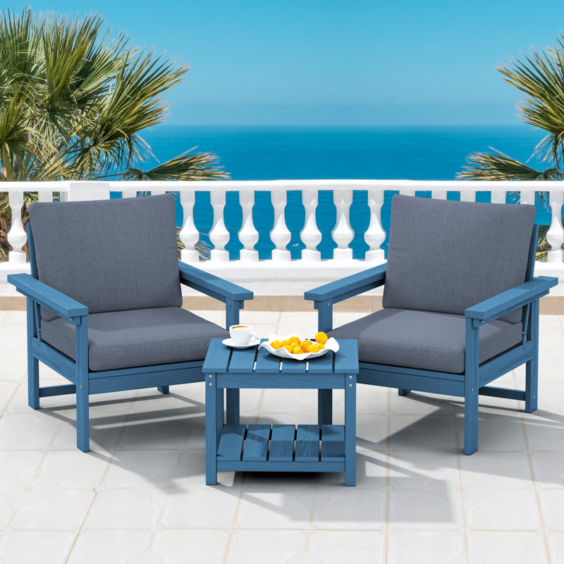Reata HDPE 2-Person Conversation Set With Double-Tier Side Table and Cusions, Gray, Navy