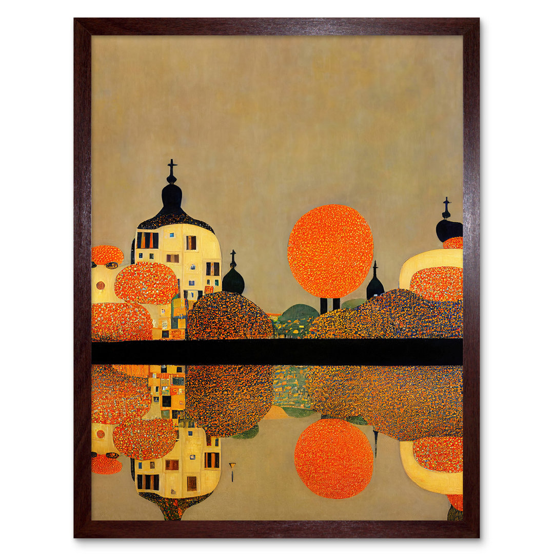 Klimt Style Autumn Lakeside Town Church - Print