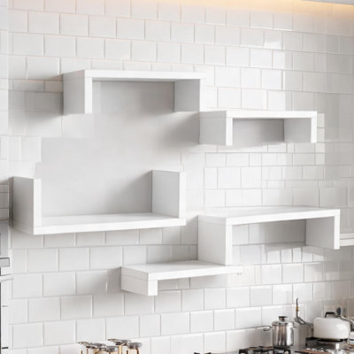 5-Piece Assorted Size Storage Floating Wall Shelves, Minimalist Wood Soft White Display Shelves for Home Spaces