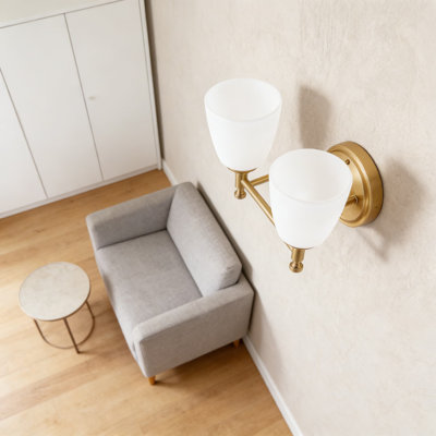 Vintage Brass Wall Sconce Light Fixture With Milk Glass Shade, 2-Light Plug-In Vanity Lamp For Bathroom Mirror, Bedroom, Living Room, Hallway And Stairway