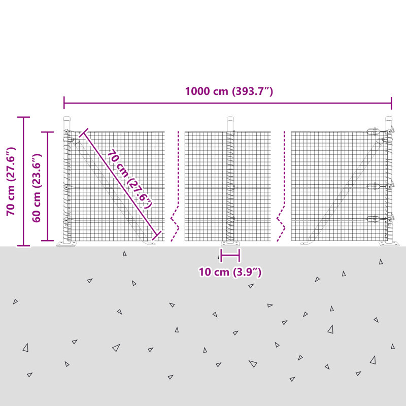 Welded Wire Fence With 7 Flanged Posts Steel, Green, 60cm H x 1000cm W