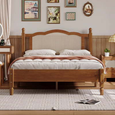 Structure de lit double pleine grandeur avec cadre de lit plateforme en rotin naturel avec tête de lit, cadre de lit rétro avec support en lattes de bois, noyer