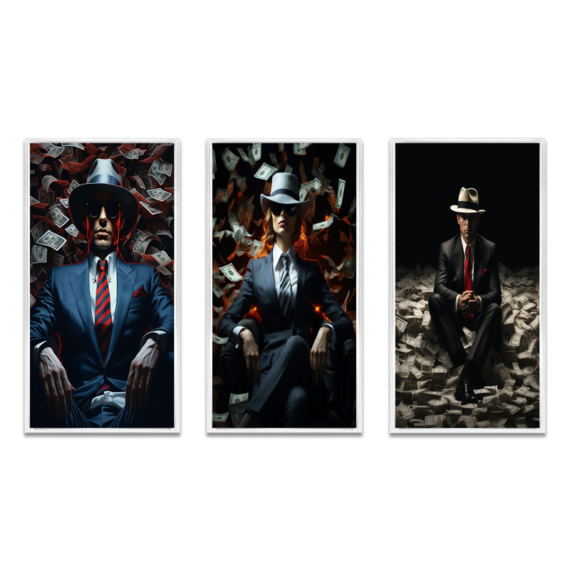 «Billionaire Man With Hat Abundance Of Argent», 3 pièces sur toile, Cadre flottant blanc, H 28 po x l 36 po