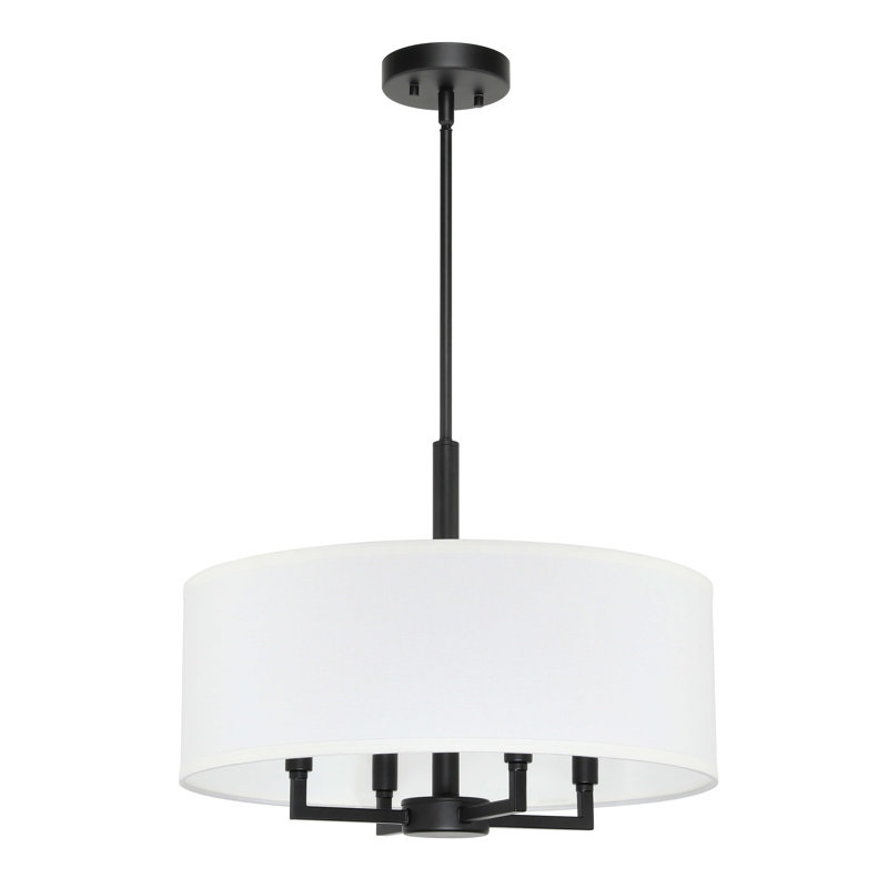 Luminaire suspendu noir à 4 lumières avec abat-jour tambour en tissu blanc pour îlot de cuisine