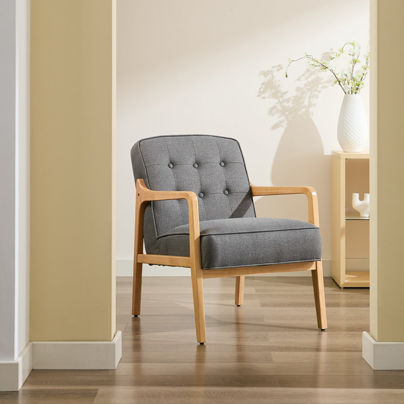 Tufted Linen Upholstered Armchair with Solid Wood Frame, Gray Linen