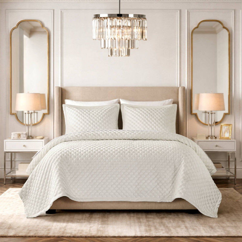 Mini ensemble de couvre-lit en velours Charleston, Blanc, Grand lit