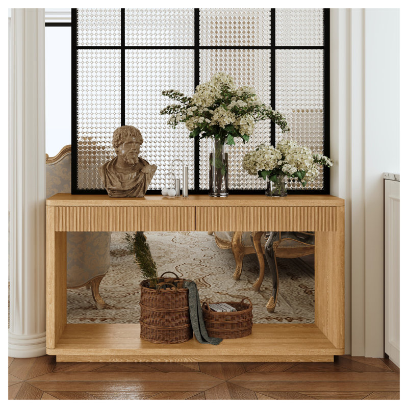 Console cannelée 60 po 2 tiroirs 60 po avec placage en bois naturel, Bois naturel