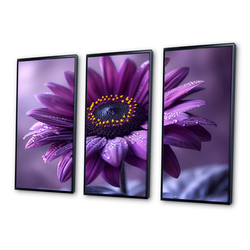 Ensemble de décoration murale moderne tournesol mauve fusion II, Cadre noir, H 28 po x l 36 po