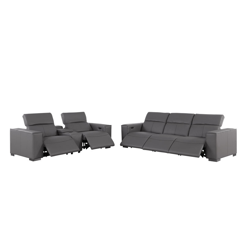 Ensemble luxueux de canapé modulaire inclinable et console luxueux en cuir véritable avec appuis-tête électriques, Gris foncé