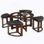 Table basse cylindrique en bois massif avec plateau en verre et 4 tabourets