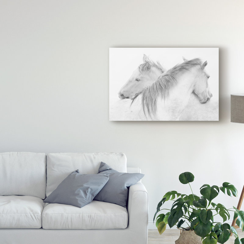 « two white horses », reproduction de photo sur toile tendue, H 16 po x l 24 po x P 2 po