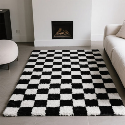 Modern Black and White Checkered Shag Rug, Soft Plush Carpet for Living Room, Bedroom and Dorm