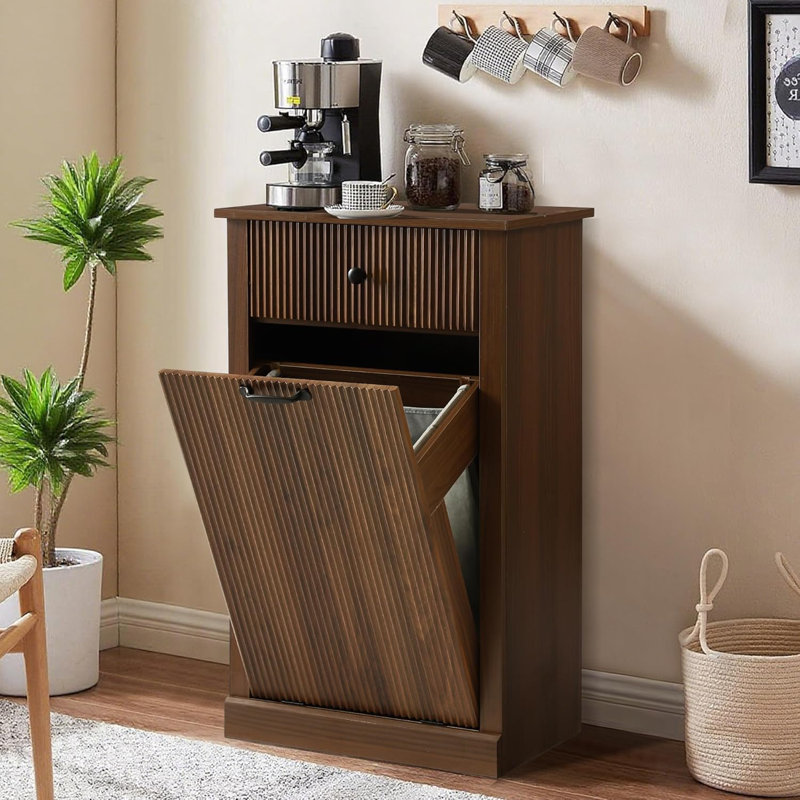 35.8" H Tilt Out Laundry Hamper Cabinet, Modern Fluted Trash Can Cabinets With Drawer, Wooden Hidden Garbage Cabinet For Kitchen And Bathroom