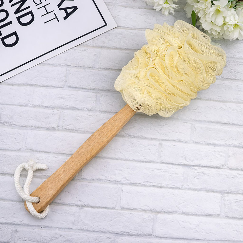 Natural Wooden Handle Bath Loofah - Long Body Scrubber with Soft Mesh
