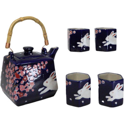 Sakura Cherry Blossoms With Rabbit Hexagonal Teapot With 4 Tea Cups Set