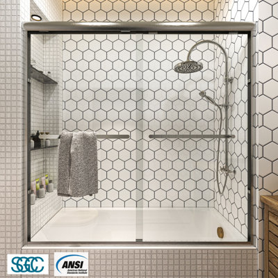 56"-60" W x 58" H Framed Double Sliding Shower Tub Door in Brushed Nickel with Clear Tempered Glass, Dual Handles