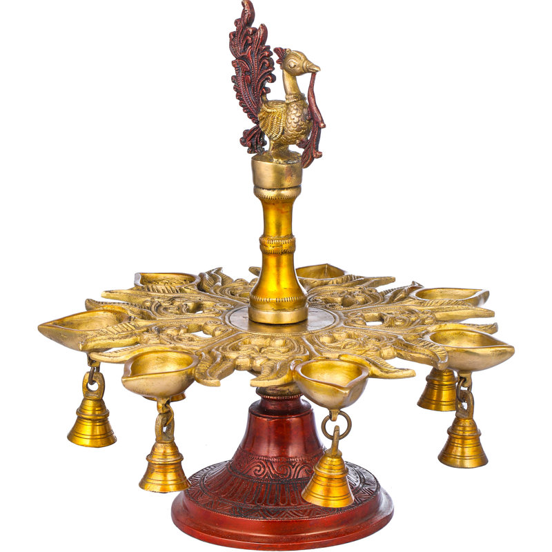 Lampe 13 po Mayil Villaku en forme de paon à sept mèches avec clochettes - rituel indien traditionnel pour autel Puja, 13 po