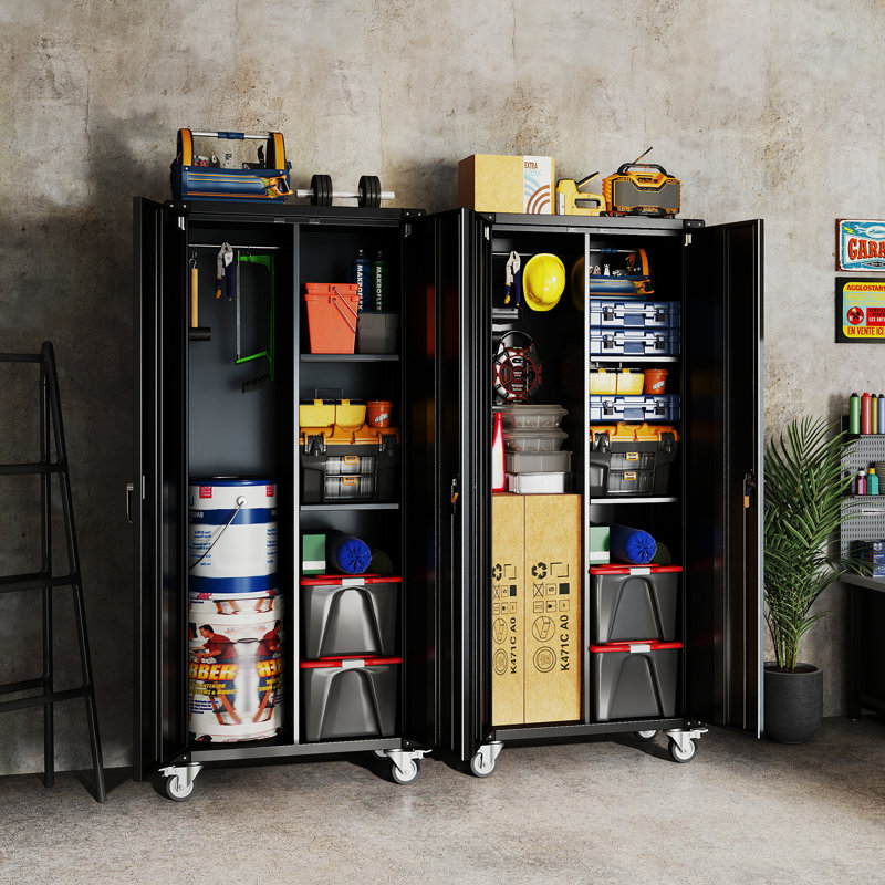 Armoire de rangement mobile verrouillable à double porte en métal 72 po H - 72 po, Noir