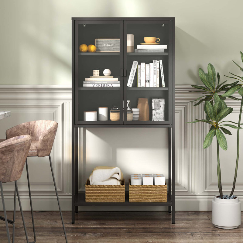 Armoire de rangement avec portes en verre et 2 tablettes réglables, Noir