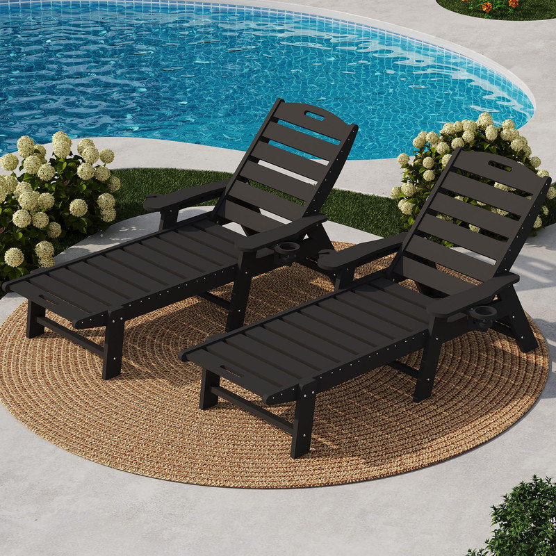 Outdoor HDPE Chaise Lounge, Oversize HDPE 5-Position Pool Lounge Chairs, Pool Lounges Chairs, Black
