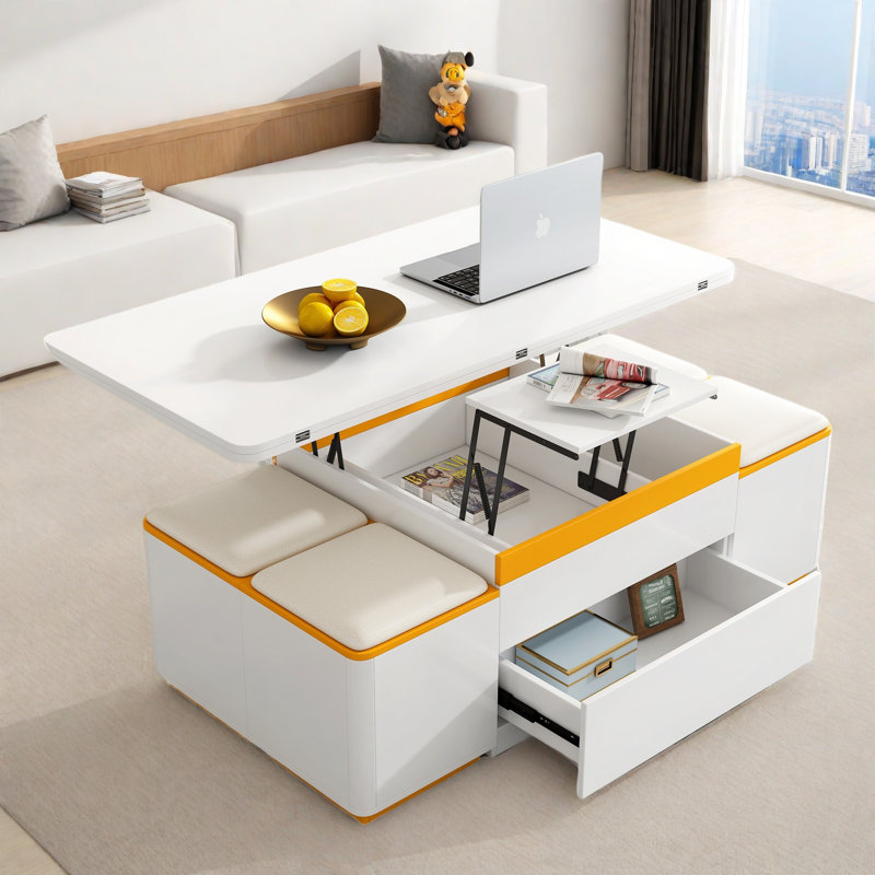 Table basse relevable avec 4 tabourets de rangement, plateau pliable et deux tiroirs cachés, Blanc