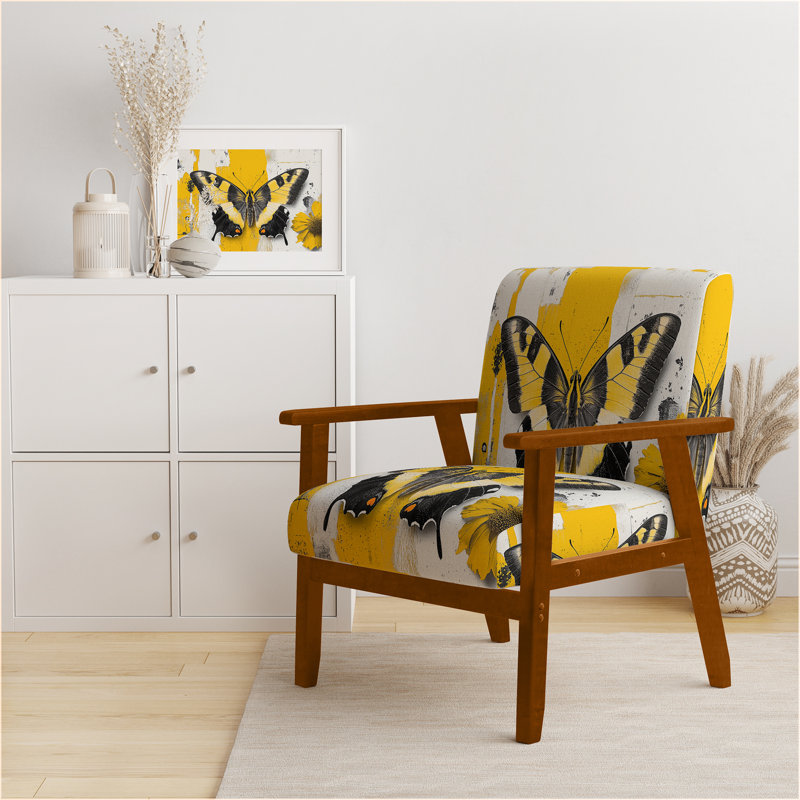 Magiera - Buttlerfly In Watercolor Painting - Velvet  Upholstered Floral Accent Arm Chair, Yellow, Brown