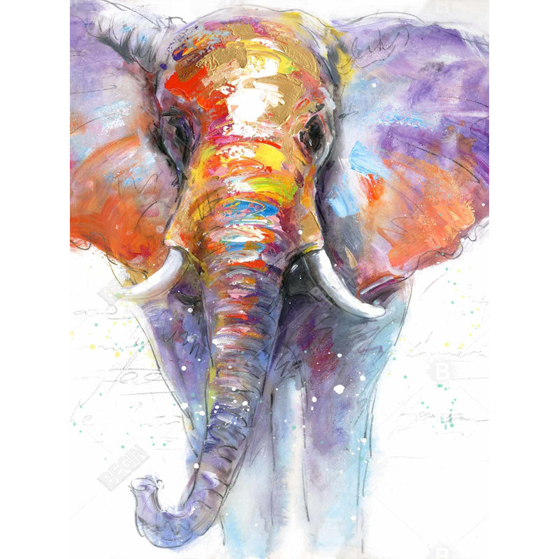 Éléphant marche coloré - toile orange contemporaine, H 48 po x l 36 po, Mauve/orange