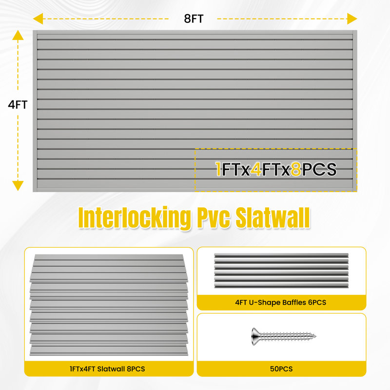 8-Pack PVC Slatwall Panels 4' x 1' Heavy Duty Interlocking Edge-banded Garage Storage System
