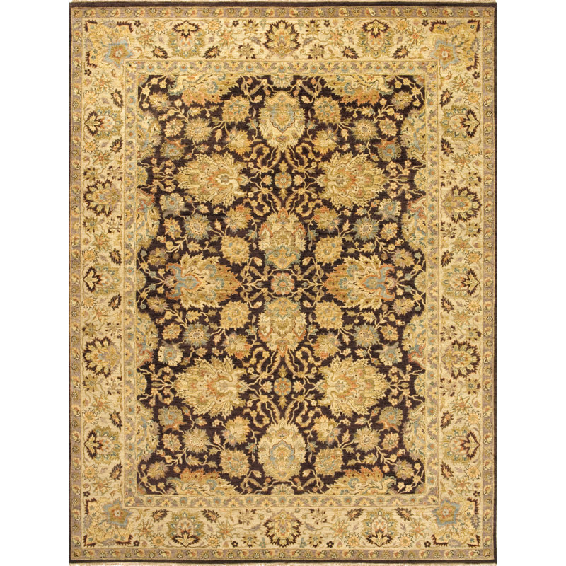 Tapis brun et doré de haute qualité noué à la main, Rectangle 6 pi x 9 pi