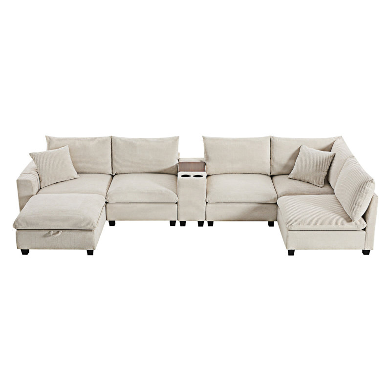 Modular Sectional Sofa With Movable Storage Ottoman And Console, Beige Corduroy