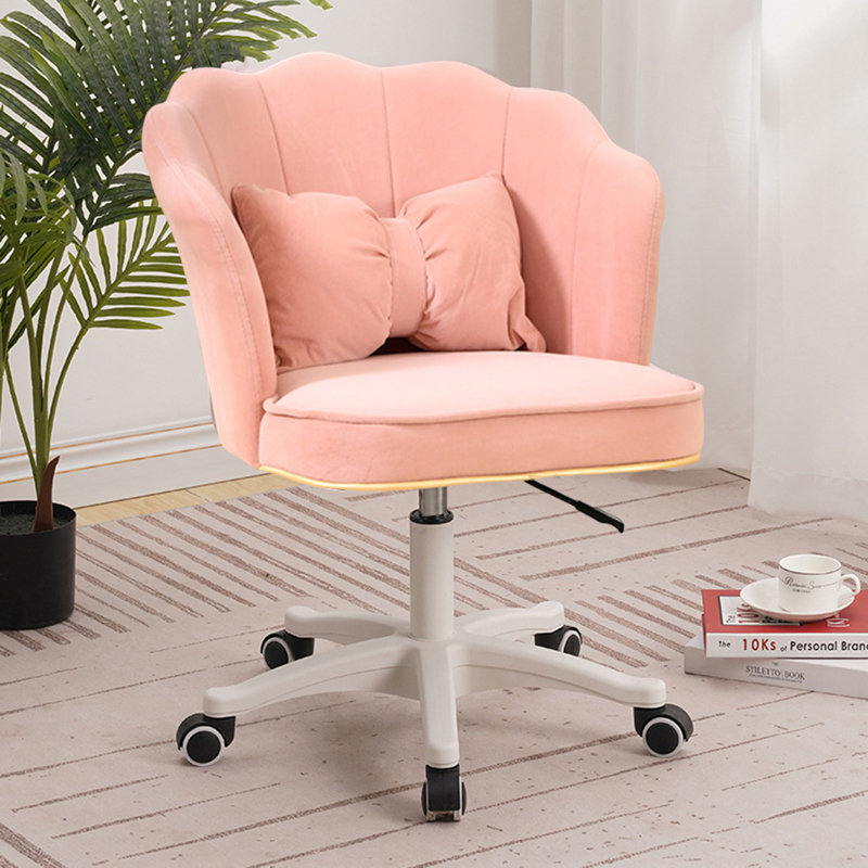 Petit fauteuil de bureau rond à roulettes avec siège en cuir de polyuréthane pivotant à hauteur réglable, Rose