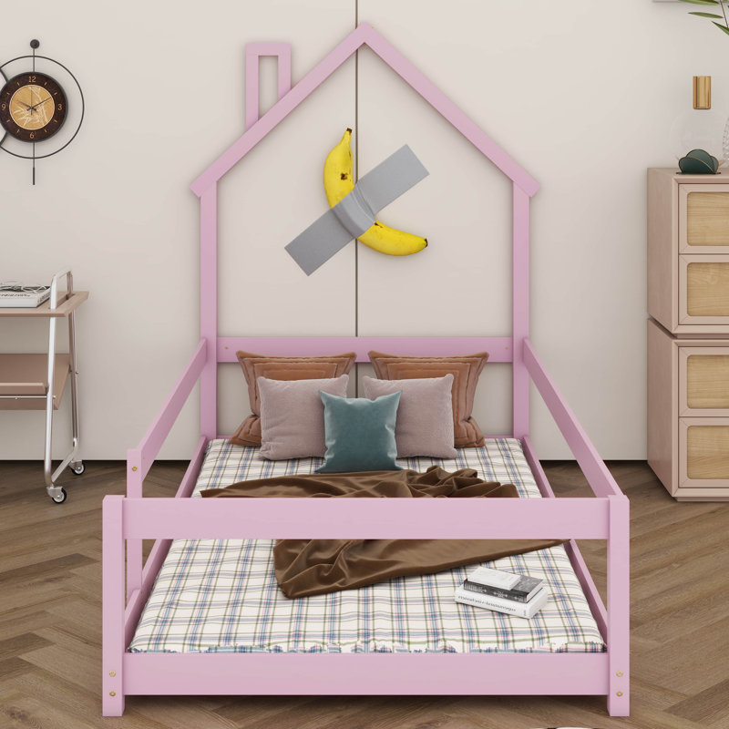 Lit simple en bois avec tête de lit en forme de maison et clôtures, Rose
