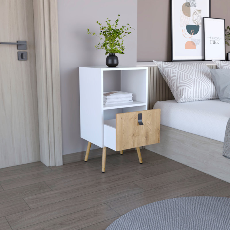 Grande table de chevet avec tiroir, tablette ouverte et pieds en bois