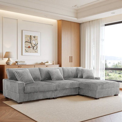 4 - Piece Upholstered Light Grey Faux Rabbit Fur Flannel Modular Sectional Sofa with Throw Pillows & Removable Ottomans