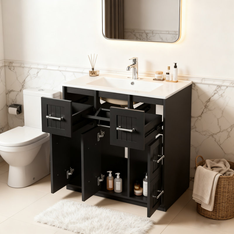 Meuble-lavabo autoportant avec lavabo et tiroirs, Noir