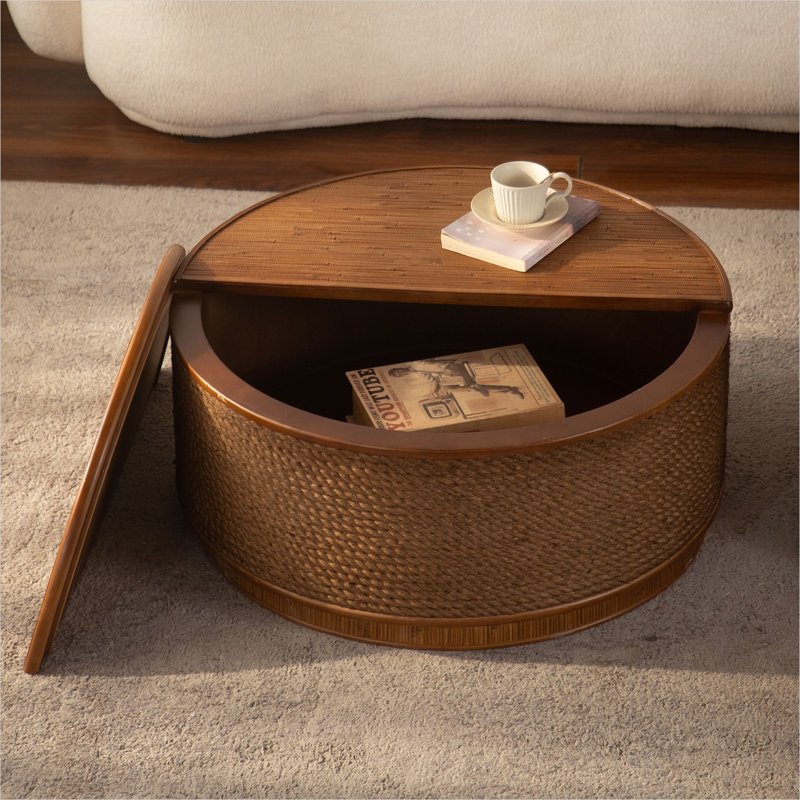 Table basse ronde de 31,5 po, style boho-chic, rotin tissé à la main et bois naturel