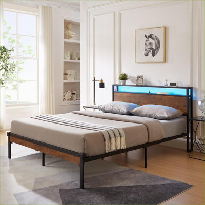 Queen Sized Platform Bed, LED Equipped, Large Under Bed Storage, Matte Black Metal with Wooden Headboard and Footboard