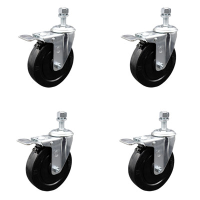 5 Inch SS Soft Rubber Swivel 10mm Threaded Stem Caster Set Total Lock Brake