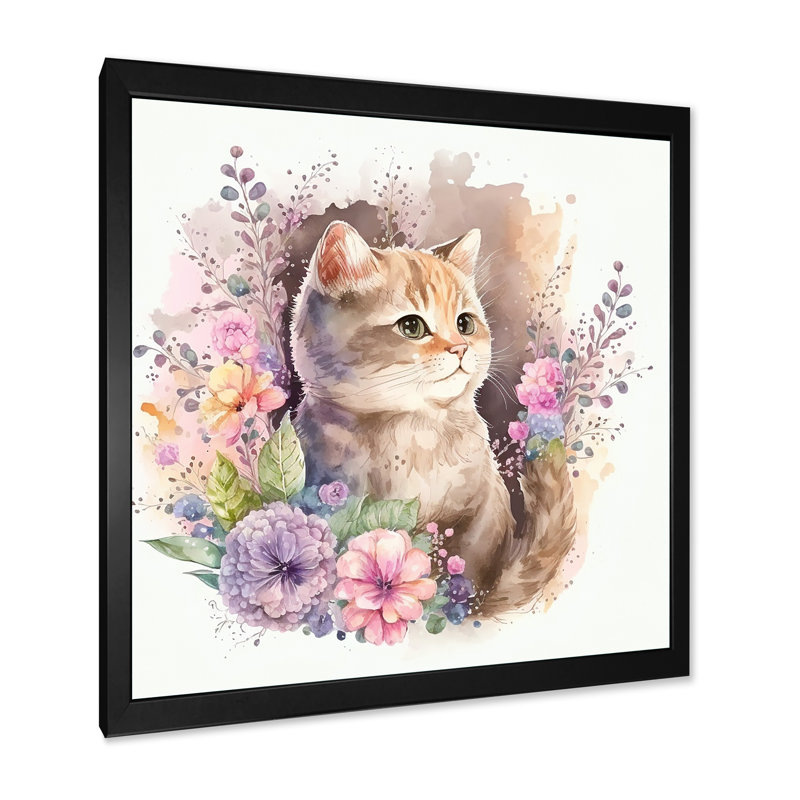 Petit chaton entouré de fleurs colorées II - animaux, art mural sur toile, Impression noire sur toile encadrée