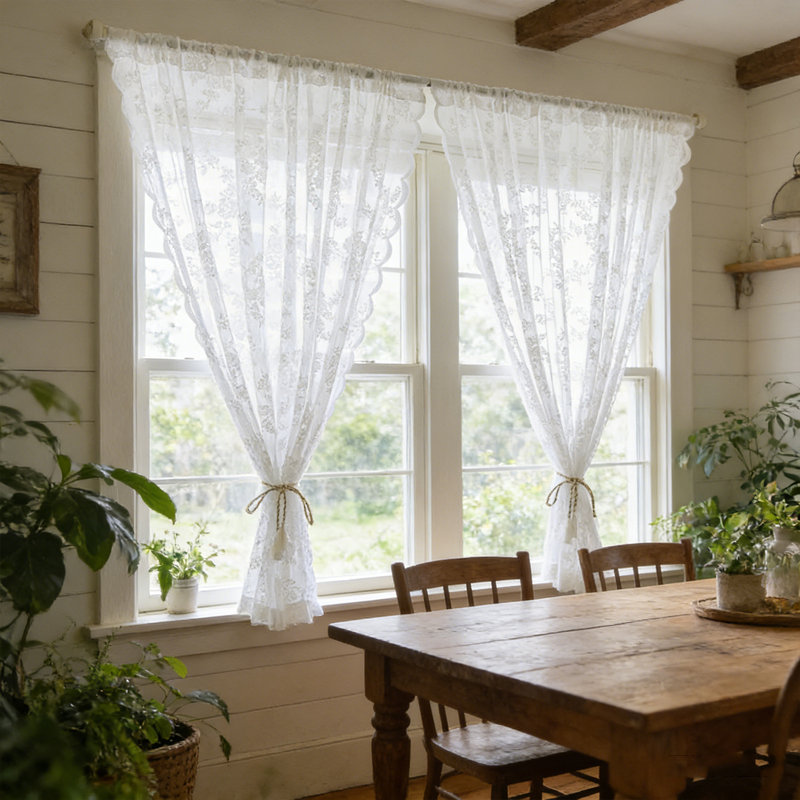 2pcs White Lace Curtains Scalloped Sheer Vintage Embroidered Window Treatment with Rod Pocket for Bedroom Kitchen Sun-Room