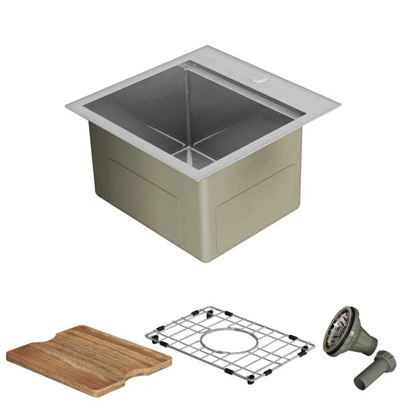 Évier de cuisine encastré en acier inoxydable 304 de 15 po x 15 po avec planche à découper, grille et drain