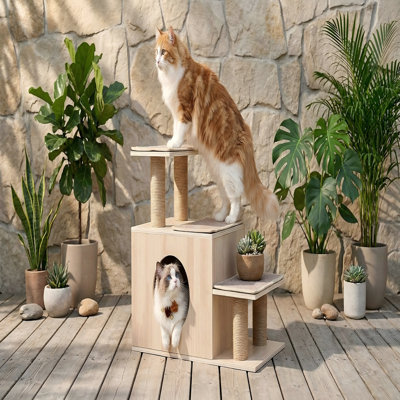 Un escalier pour chat tout-en-un, des marches en bois profondes de 7,87 po pour le lit haut et le canapé, comprend une grotte et un poteau à griffer confortable, une conception intérieure robuste avec des sous-tapis antidérapants