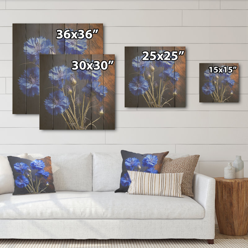 Bleuet des bois, expression bleue I - Art mural en bois sur bois de pin naturel, H 15 po x l 15 po