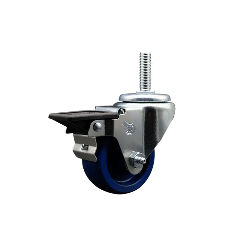 3 Inch_Solid Poly Wheel Swivel 5/8 Inch Threaded Stem Caster with Brake
