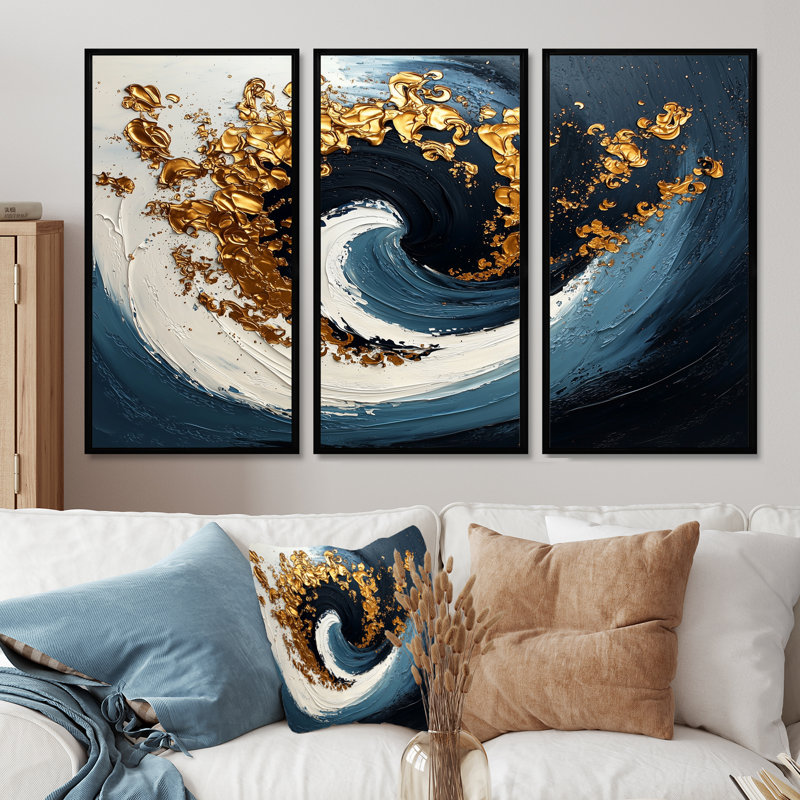 Ensemble de salon bleu et doré Spiraling Prosperity Spiral II - Abstract Spirals, H 28 po x l 36 po x P 1 po
